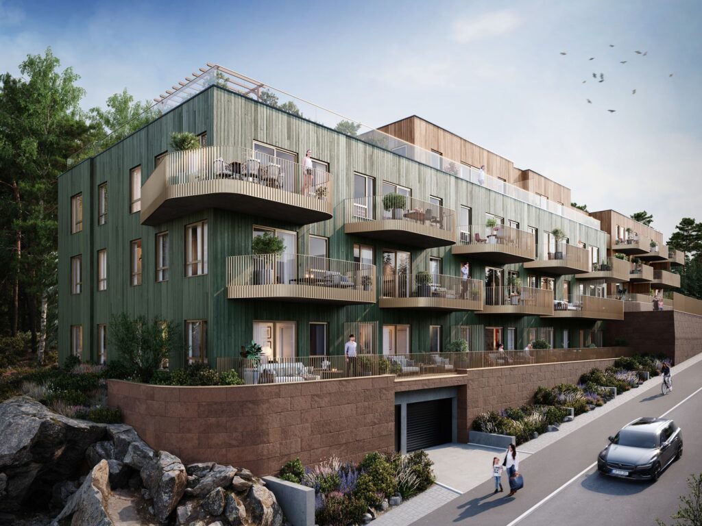 Prosjektillustrasjon av Verkslunden i Moss med boligblokker, balkonger og trefasader.